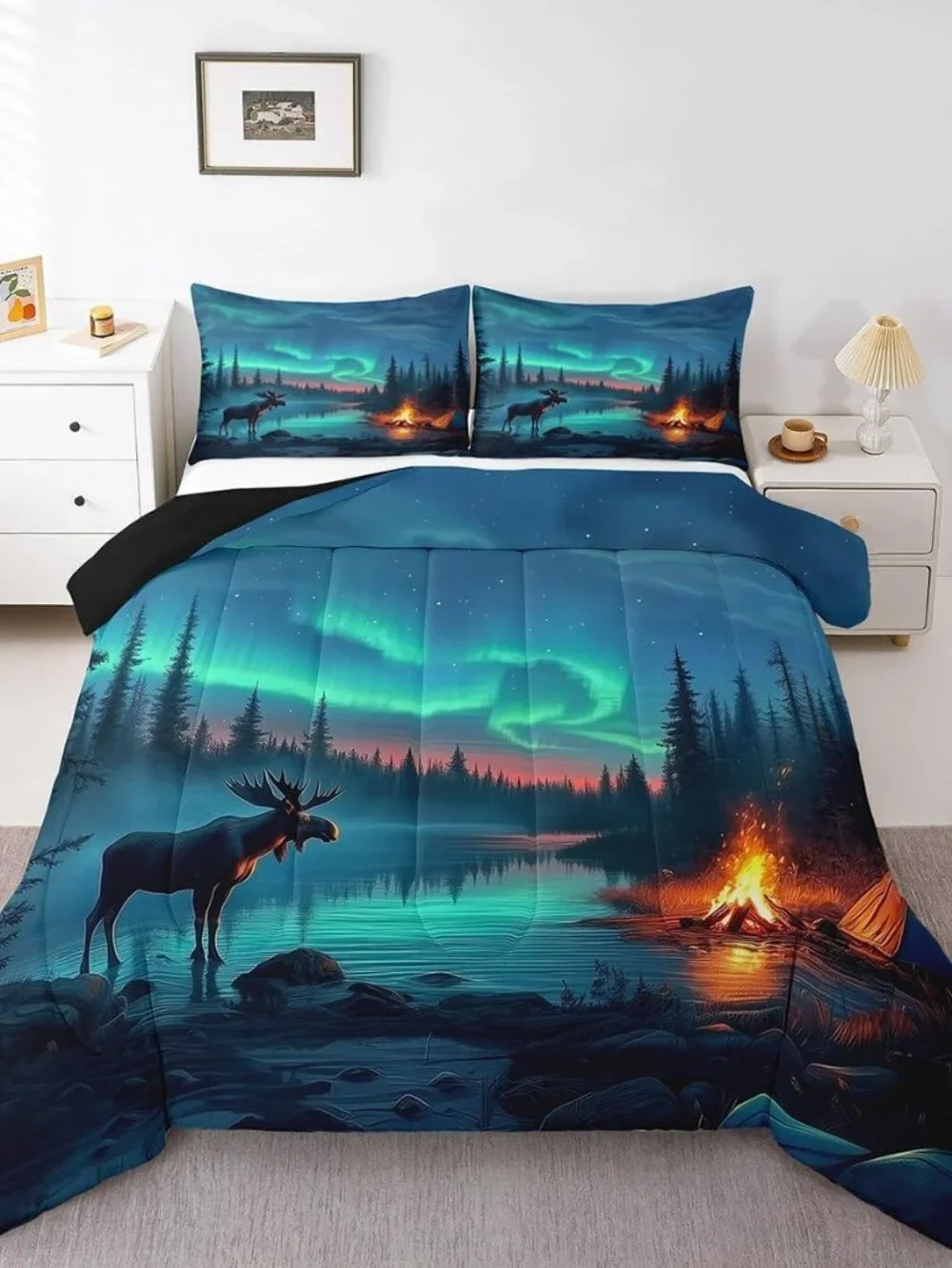 Aurora Moose Bedding Set Queen,Rustic Country Cabin Comforter Set for Kids Adult